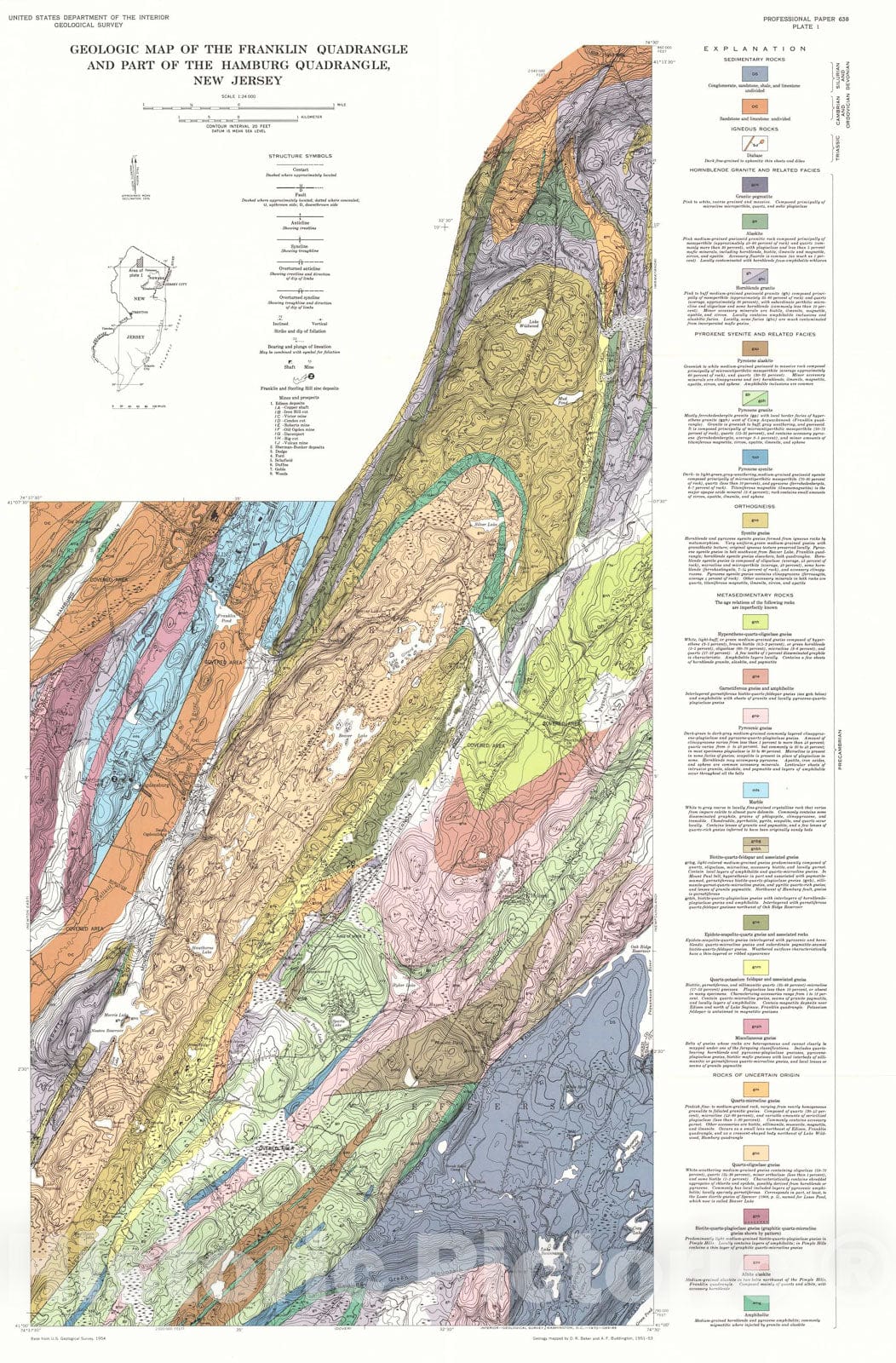 Map : Geology and magnetite deposits of the Franklin quadrangle and part of the Hamburg quadrangle, New Jersey, 1970 Cartography Wall Art :