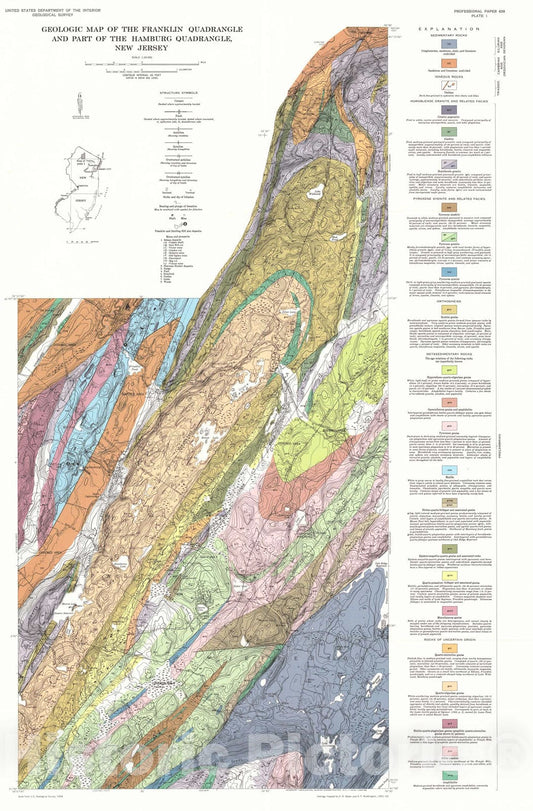 Map : Geology and magnetite deposits of the Franklin quadrangle and part of the Hamburg quadrangle, New Jersey, 1970 Cartography Wall Art :