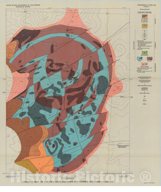 Map : Mafic-ultramafic igneous rocks and associated carbonatites of the Gem Park complex, Custer and Fremont Counties, Colorado, 1970 Cartography Wall Art :