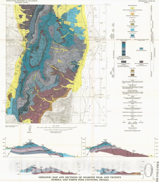 Map : Mississippian stratigraphy of the Diamond Peak area, Eureka County, Nevada with a section on the biostratigraphy and age of the Carboniferous formations, 1971 Cartography Wall Art :
