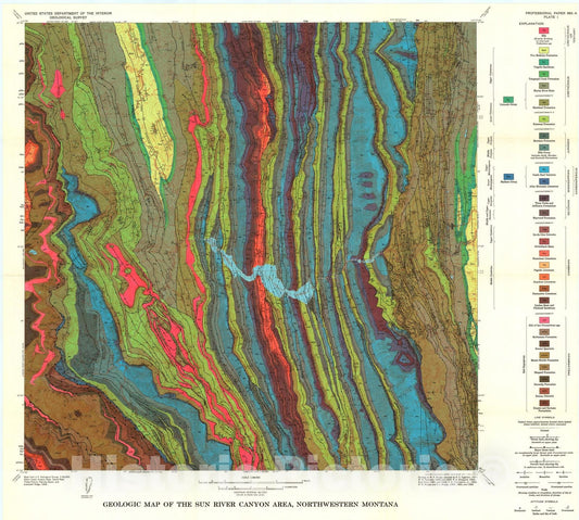 Map : Pre-Quaternary rocks in the Sun River Canyon area, northwestern Montana, 1972 Cartography Wall Art :