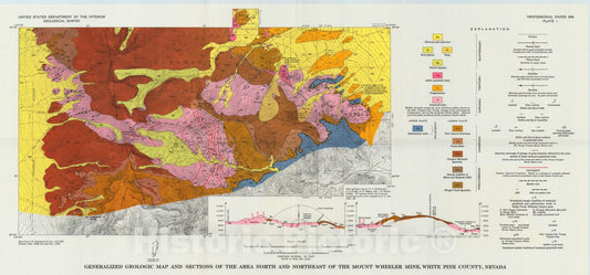 Map : Generalized geologic map and sections of the area north and northeast of the Mount Wheeler Mine, White Pine County, Nevada, 1971 Cartography Wall Art :