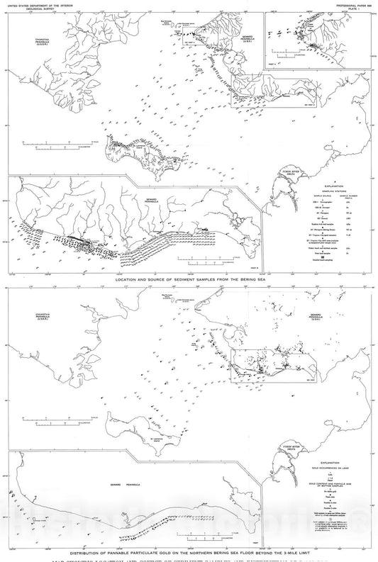 Map : Sedimentary processes and distribution of particulate gold in the northern Bering Sea, 1972 Cartography Wall Art :