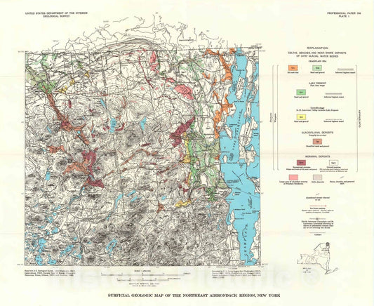 Map : Pleistocene geology of the northeast Adirondack region, New York, 1974 Cartography Wall Art :