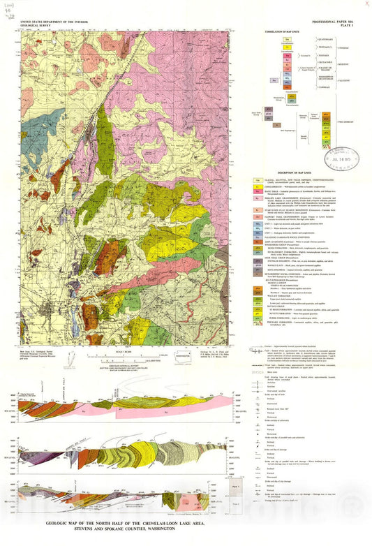Map : Geology of the Chewelah-Loon Lake area, Stevens and Spokane Counties, Washington with a section on potassium-argon ages of the plutonic rocks, 1975 Cartography Wall Art :