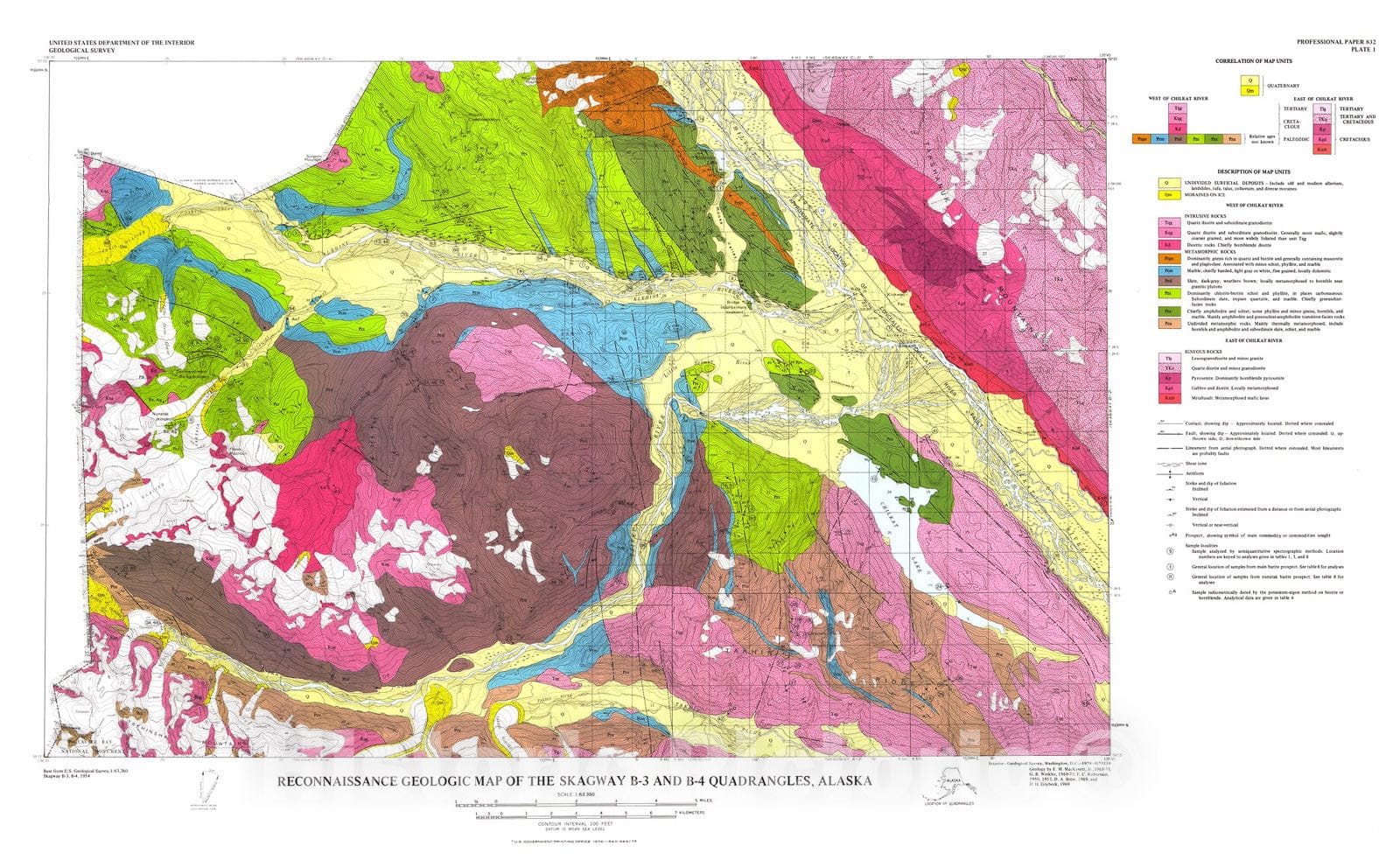 Map : Geology of the Skagway B-3 and B-4 quadrangles, southeastern Alaska, 1974 Cartography Wall Art :