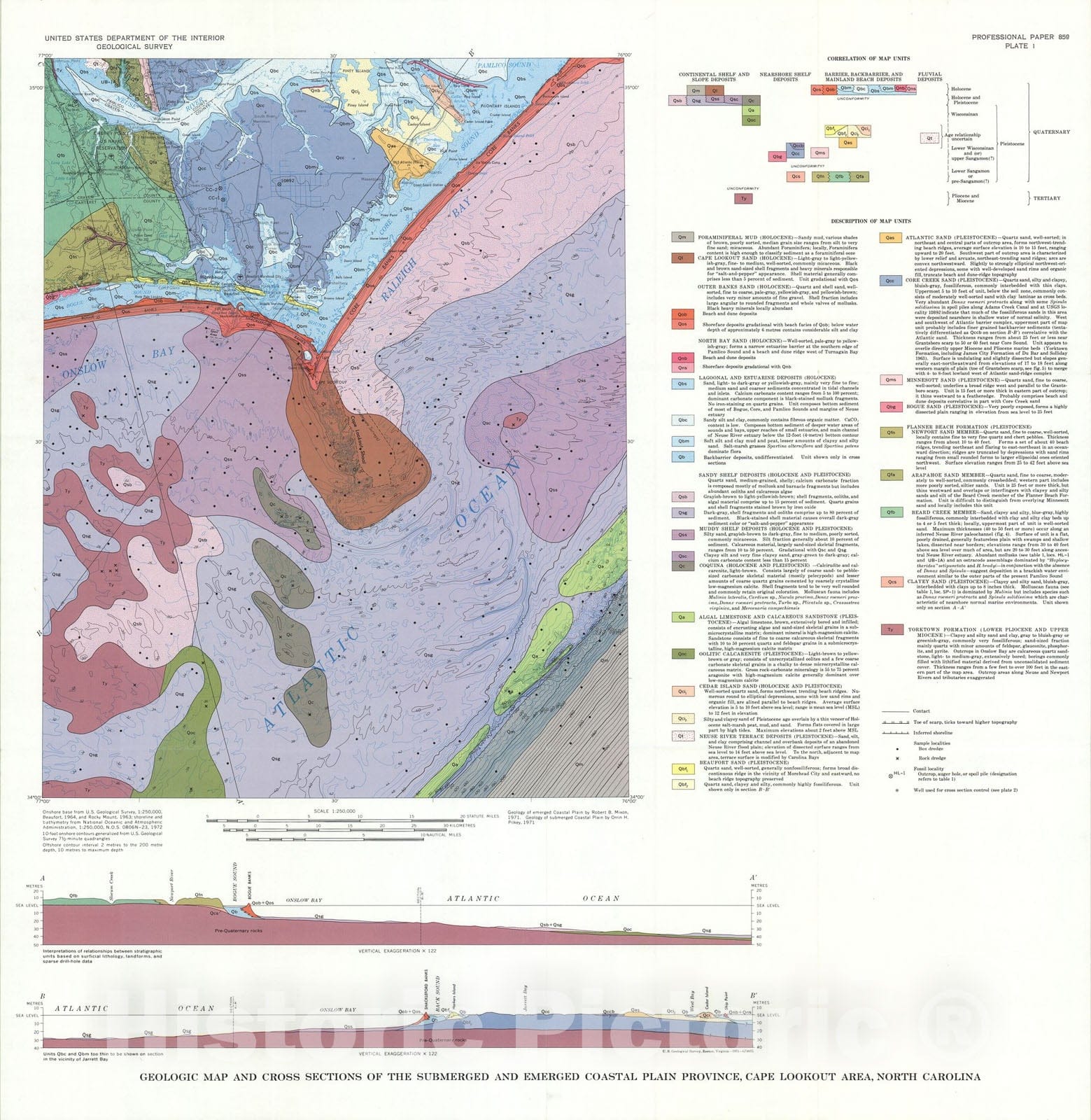 Map : Reconnaissance geology of the submerged and emerged coastal plain province, Cape Lookout area, North Carolina, 1976 Cartography Wall Art :