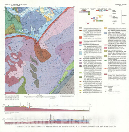 Map : Reconnaissance geology of the submerged and emerged coastal plain province, Cape Lookout area, North Carolina, 1976 Cartography Wall Art :