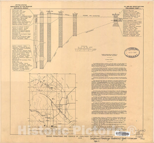 Map : Eocene formations and fossils of Coalinga anticline, California, 1944 Cartography Wall Art :