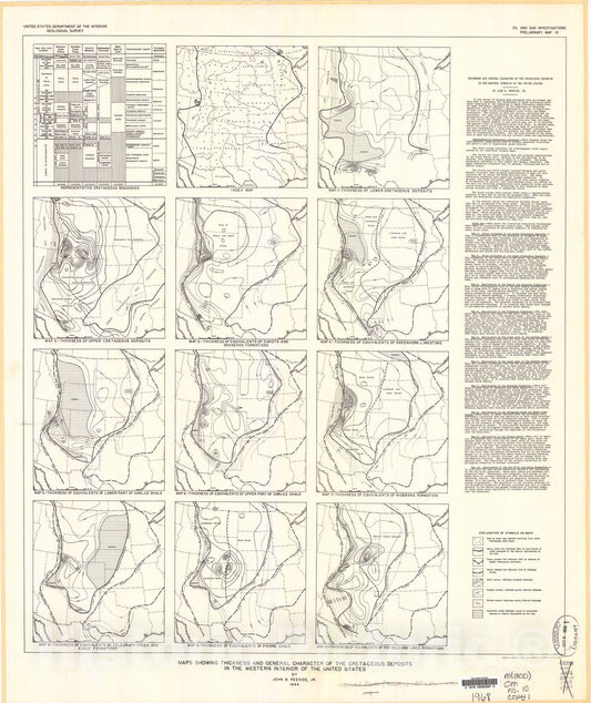 Map : Map showing thickness and general character of the Cretaceous deposits in the western interior of the United States, 1944 Cartography Wall Art :