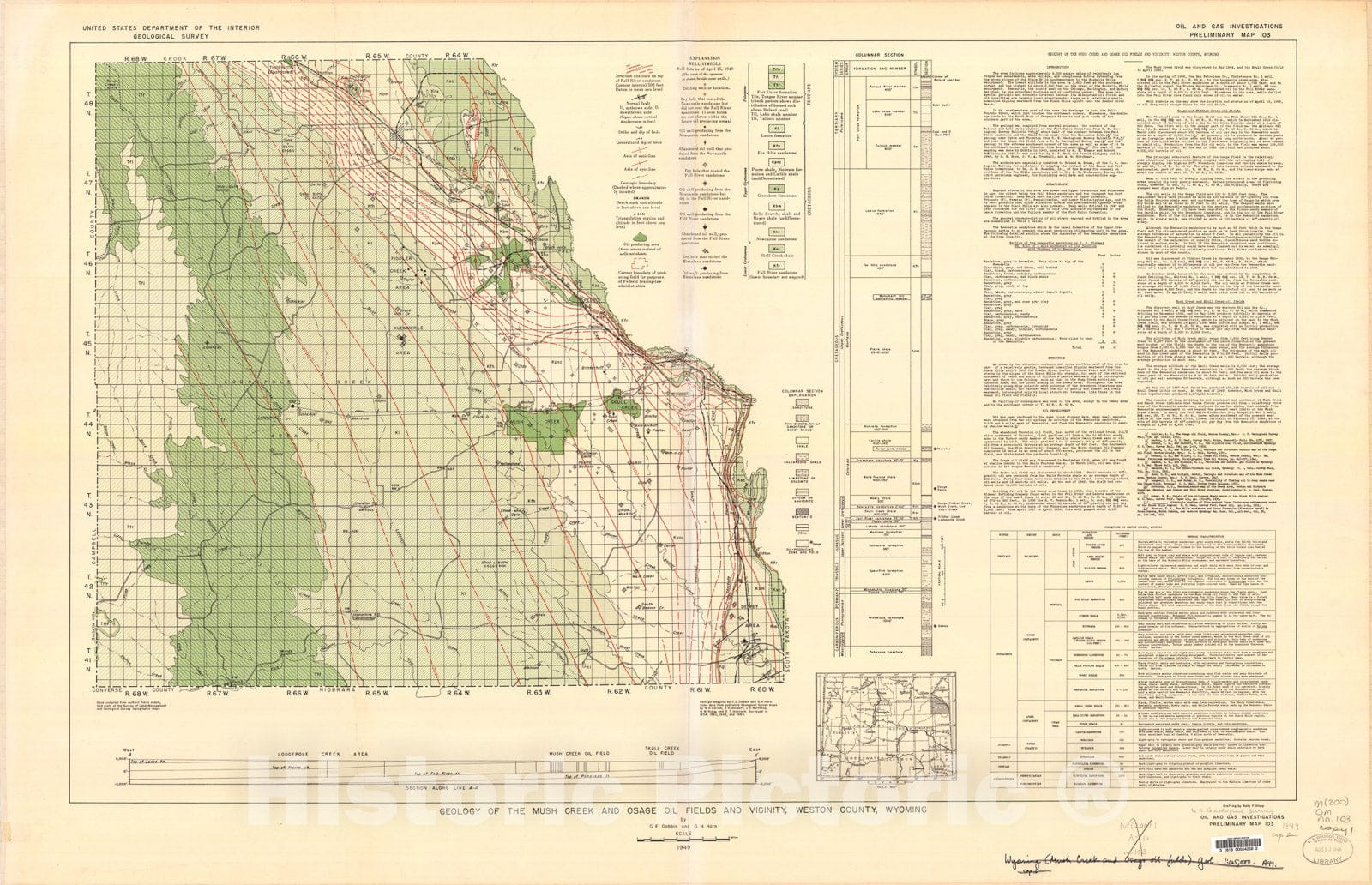 Map : Geology of the Mush Creek and Osage oil fields and vicinity, Weston County, Wyoming, 1949 Cartography Wall Art :