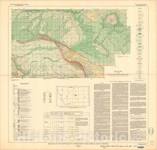 Map : Geology of the Button Butte-Forestgrove area, Fergus County, Montana, 1950 Cartography Wall Art :