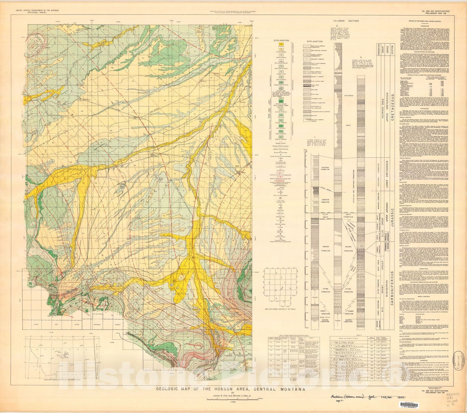 Map : Geology of the Hobson area, central Montana, 1950 Cartography Wall Art :