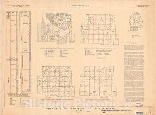Map : Geology and oil and gas possibilities of south-central Michigan, 1944 Cartography Wall Art :
