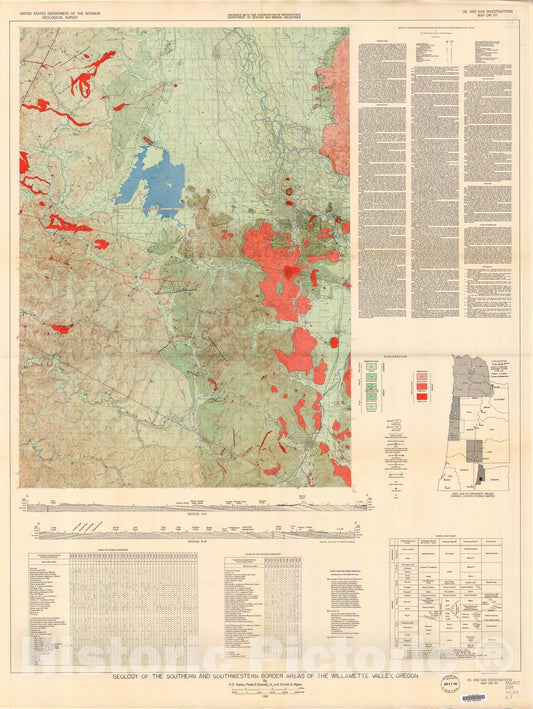 Map : Geology of the southern and southwestern border areas of the Willamette Valley, Oregon, 1951 Cartography Wall Art :