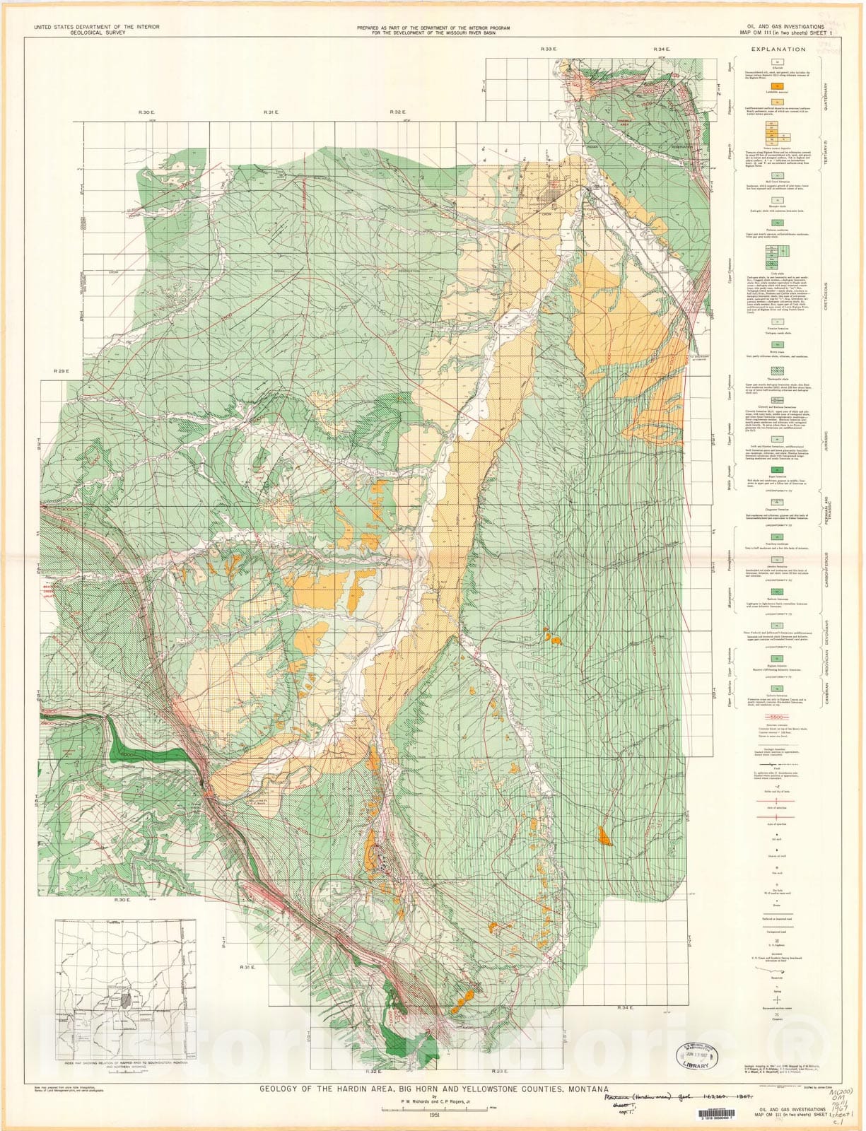 Map : Geology of the Hardin area, Big Horn and Yellowstone Counties, Montana, 1951 Cartography Wall Art :