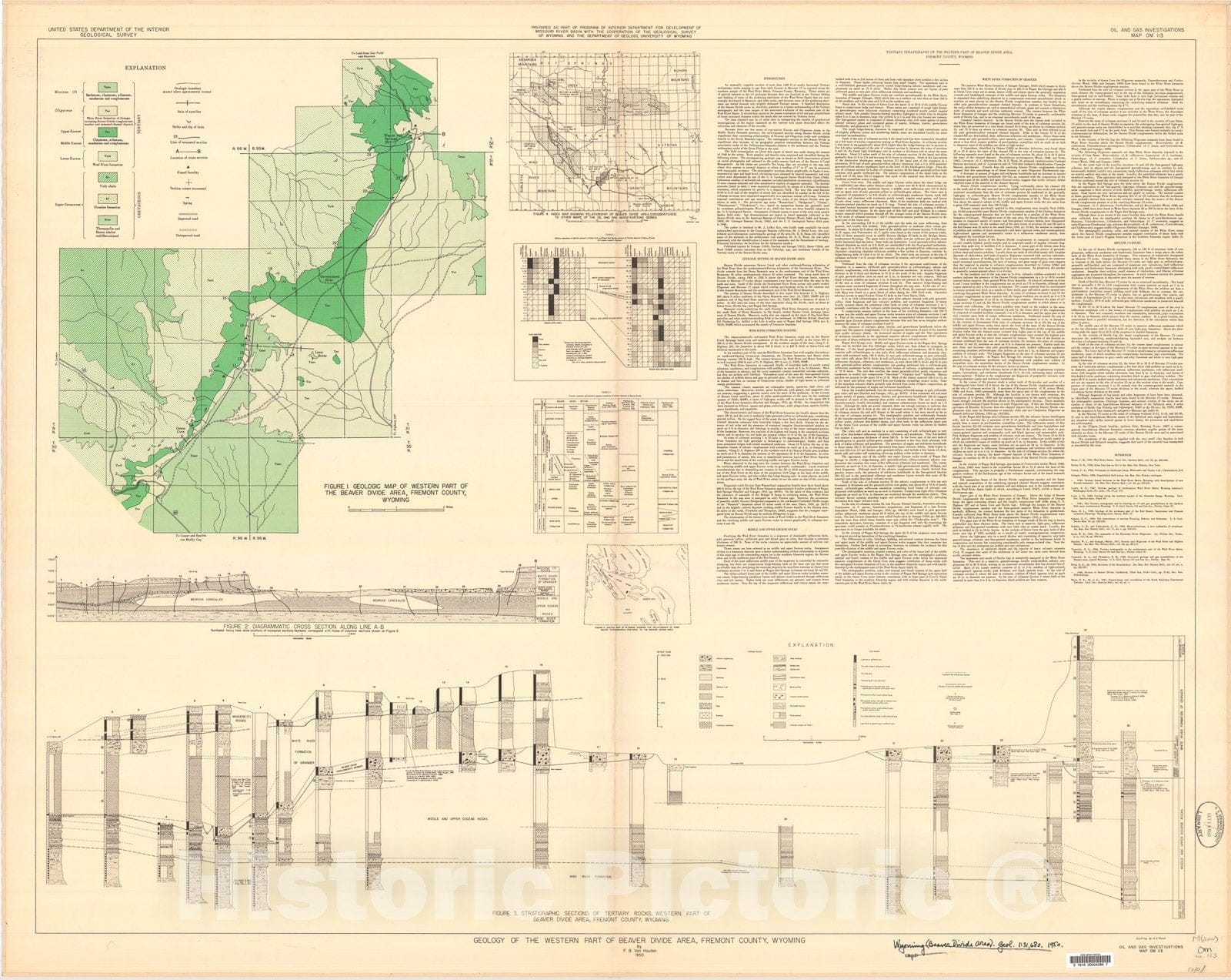 Map : Tertiary stratigraphy of the western part of the Beaver Divide area, Fremont County, Wyoming, 1950 Cartography Wall Art :