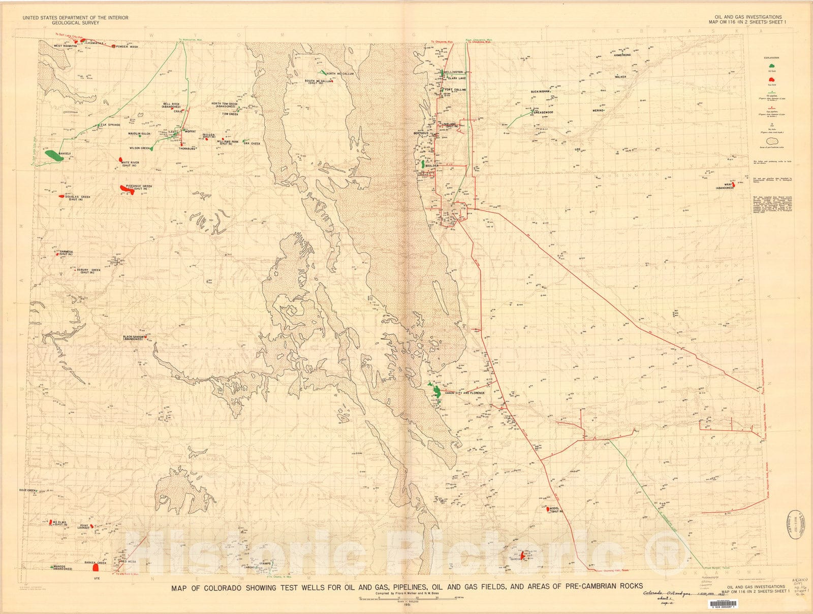Map : Map of Colorado showing test wells for oil and gas, pipelines, oil and gas fields, and areas of pre-Cambrian rocks, 1951 Cartography Wall Art :