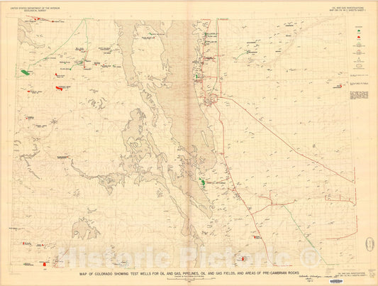 Map : Map of Colorado showing test wells for oil and gas, pipelines, oil and gas fields, and areas of pre-Cambrian rocks, 1951 Cartography Wall Art :