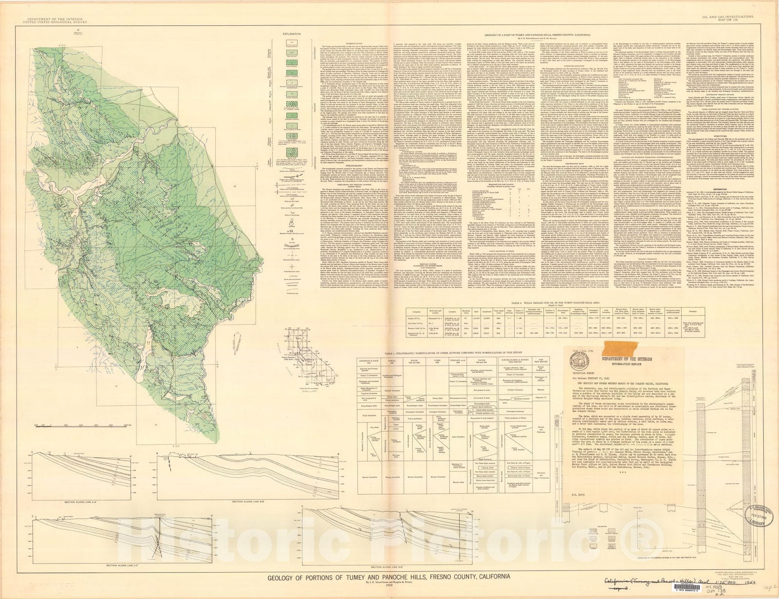 Map : Geology of portions of Tumey and Panoche Hills, Fresno County, California, 1953 Cartography Wall Art :