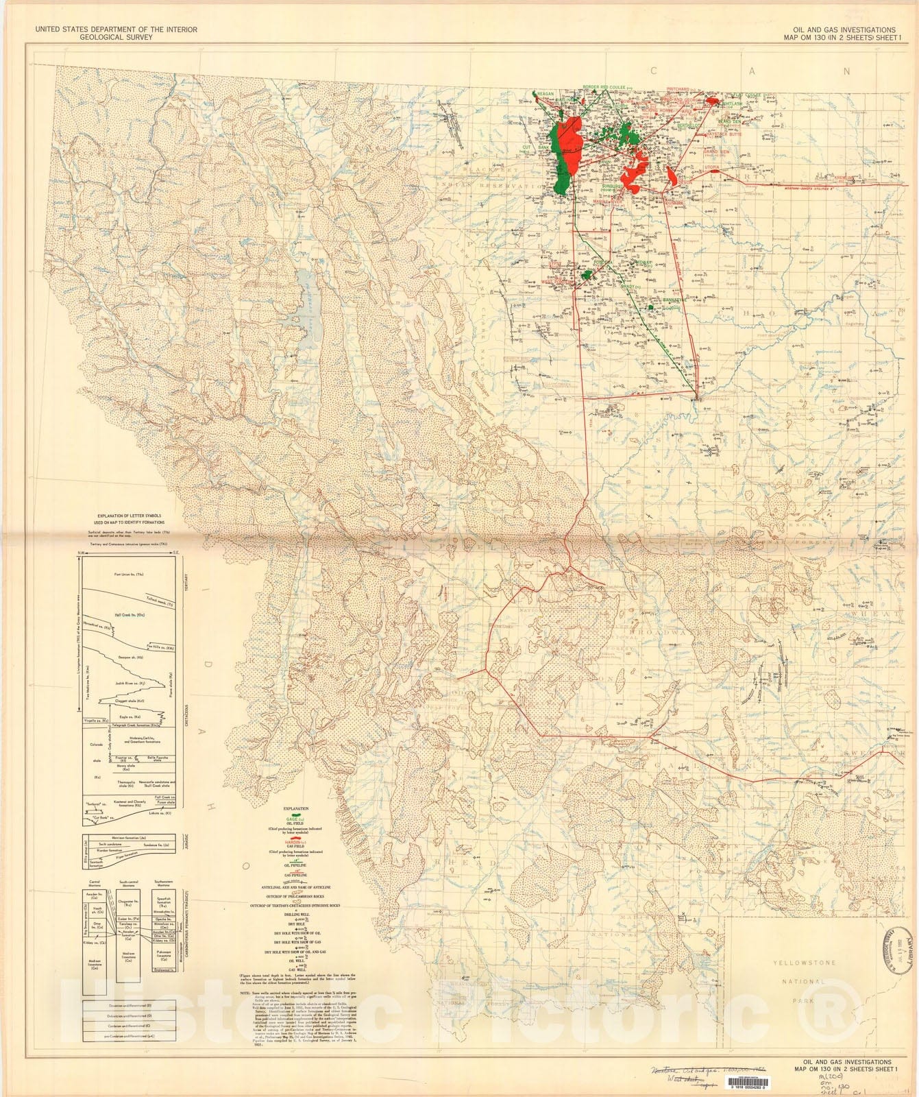 Map : Map of Montana showing oil and gas fields and test wells for oil and gas, 1952 Cartography Wall Art :