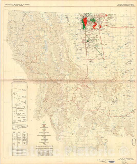 Map : Map of Montana showing oil and gas fields and test wells for oil and gas, 1952 Cartography Wall Art :
