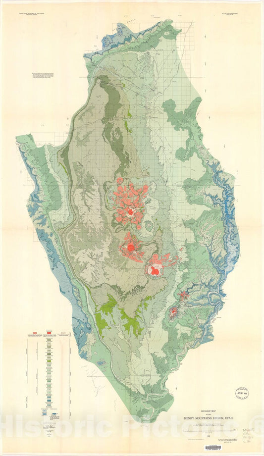 Map : Geologic map of the Henry Mountains region, Utah, 1952 Cartography Wall Art :