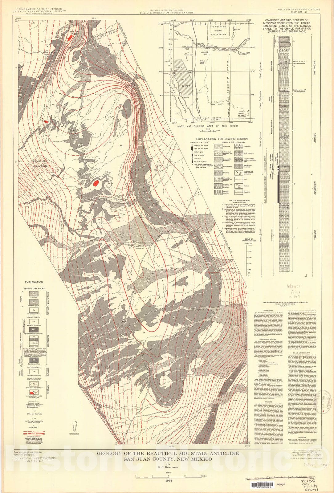 Map : Preliminary geologic map of the Beautiful Mountain anticline, San Juan County, New Mexico, 1954 Cartography Wall Art :