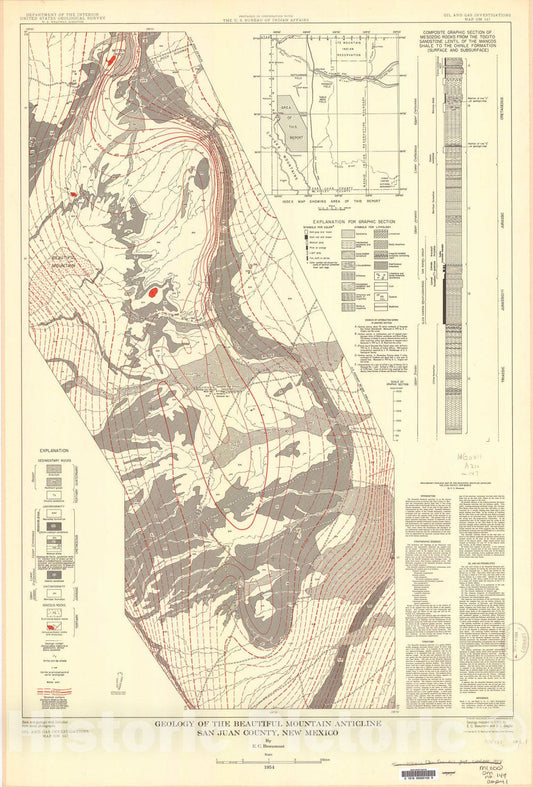 Map : Preliminary geologic map of the Beautiful Mountain anticline, San Juan County, New Mexico, 1954 Cartography Wall Art :