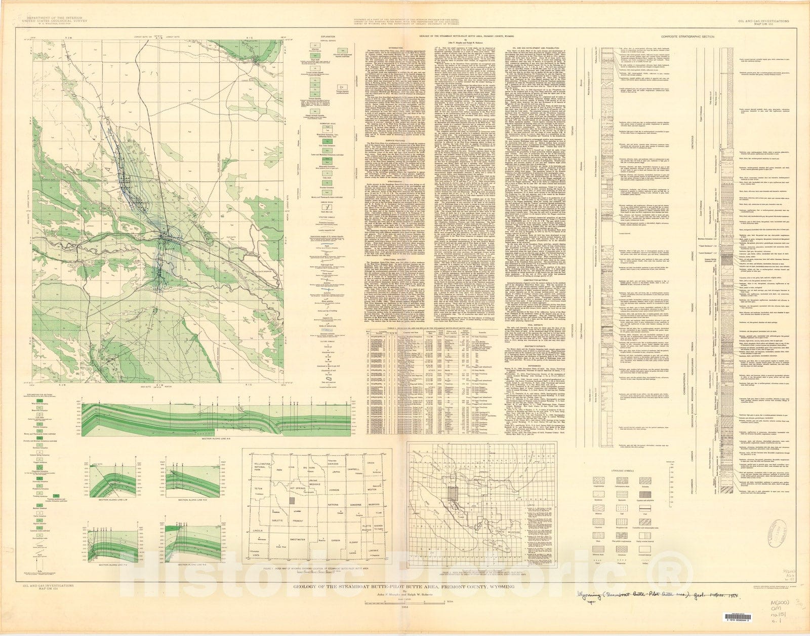 Map : Geology of the Steamboat Butte-Pilot Butte area, Fremont County, Wyoming, 1954 Cartography Wall Art :