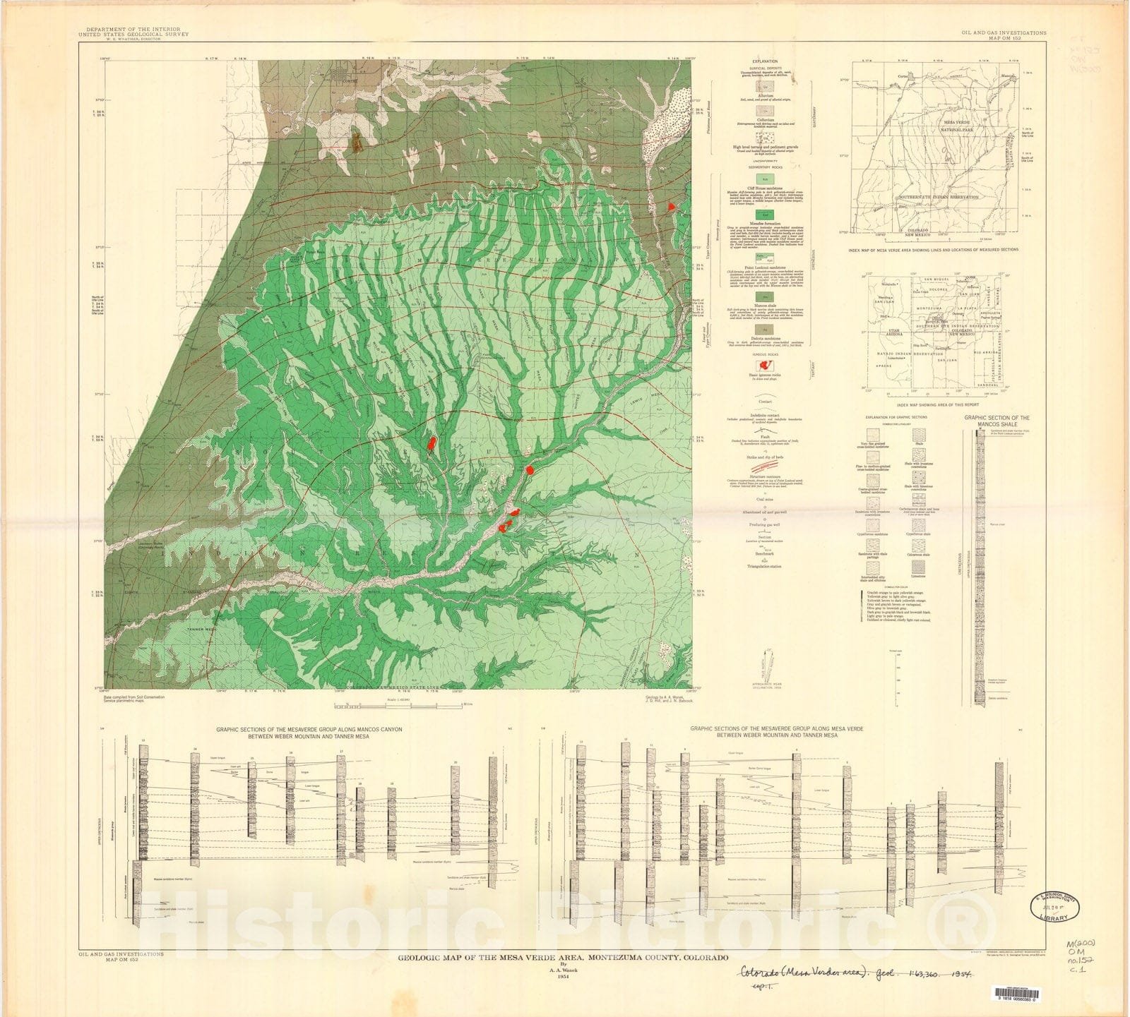 Map : Geologic map of the Mesa Verde area, Montezuma County, Colorado, 1954 Cartography Wall Art :
