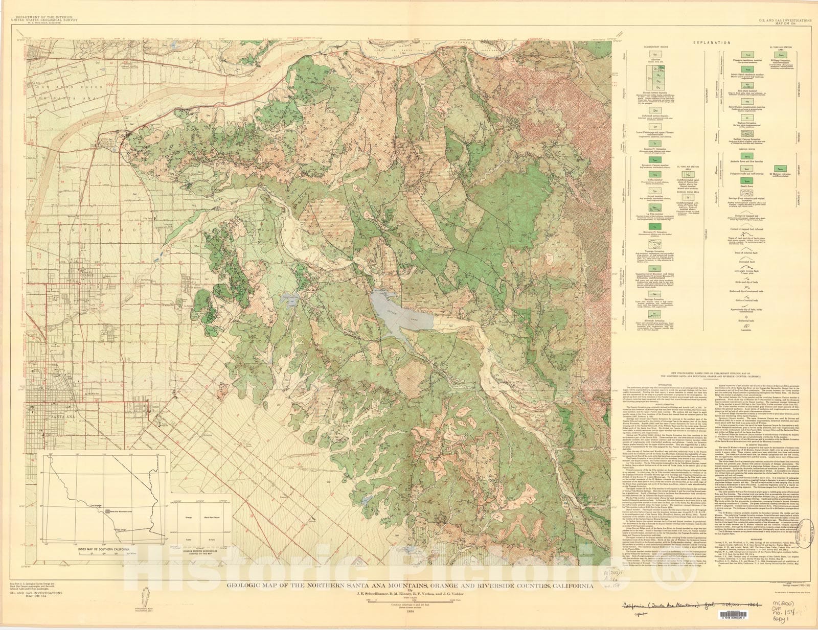 Map : Geologic map of the northern Santa Ana Mountains, Orange and Riverside Counties, California, 1954 Cartography Wall Art :