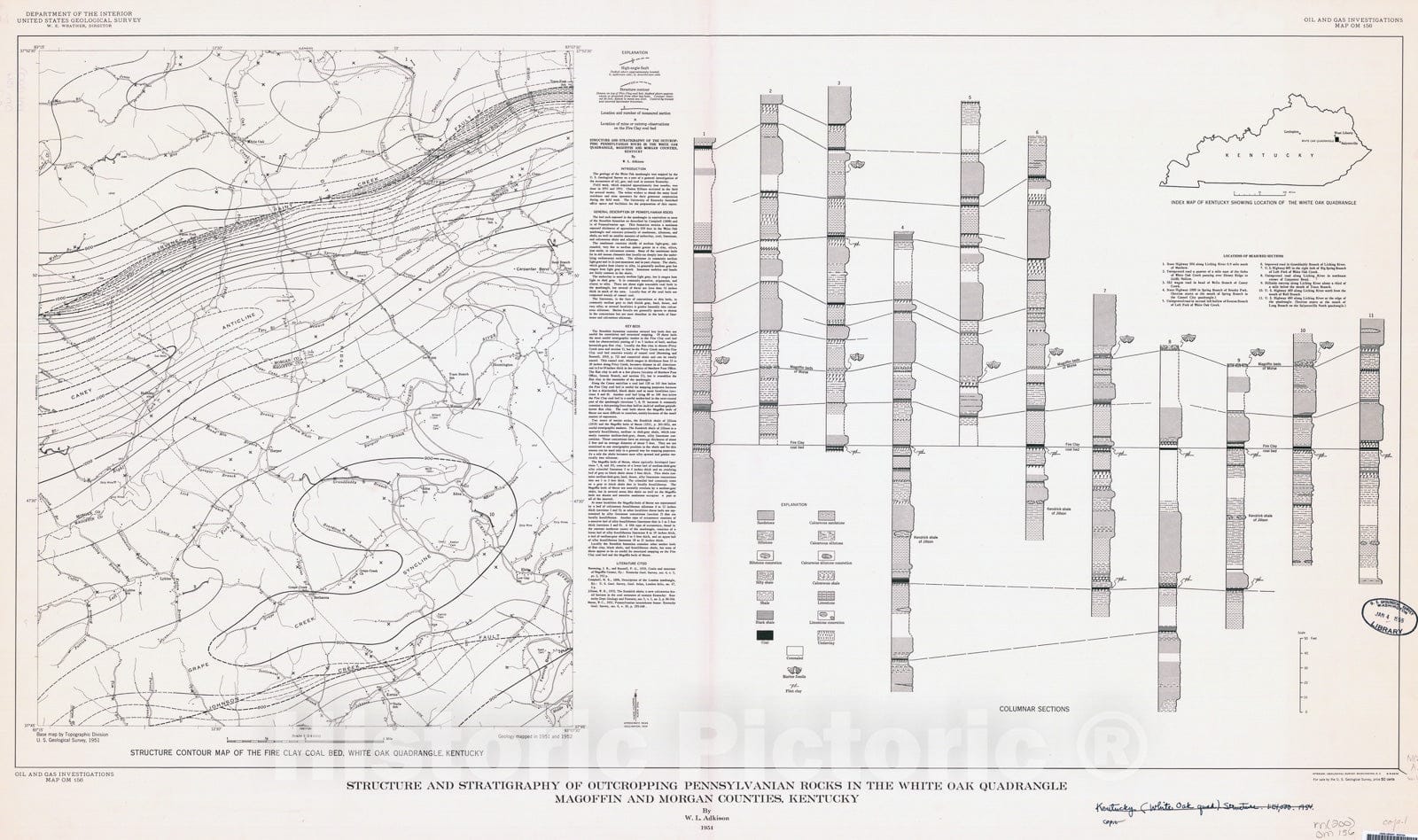 Map : Structure and stratigraphy of outcropping Pennsylvanian rocks in the White Oak quadrangle, Magoffin and Morgan Counties, Kentucky, 1954 Cartography Wall Art :