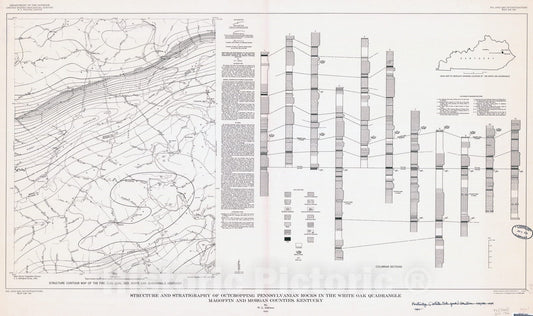 Map : Structure and stratigraphy of outcropping Pennsylvanian rocks in the White Oak quadrangle, Magoffin and Morgan Counties, Kentucky, 1954 Cartography Wall Art :