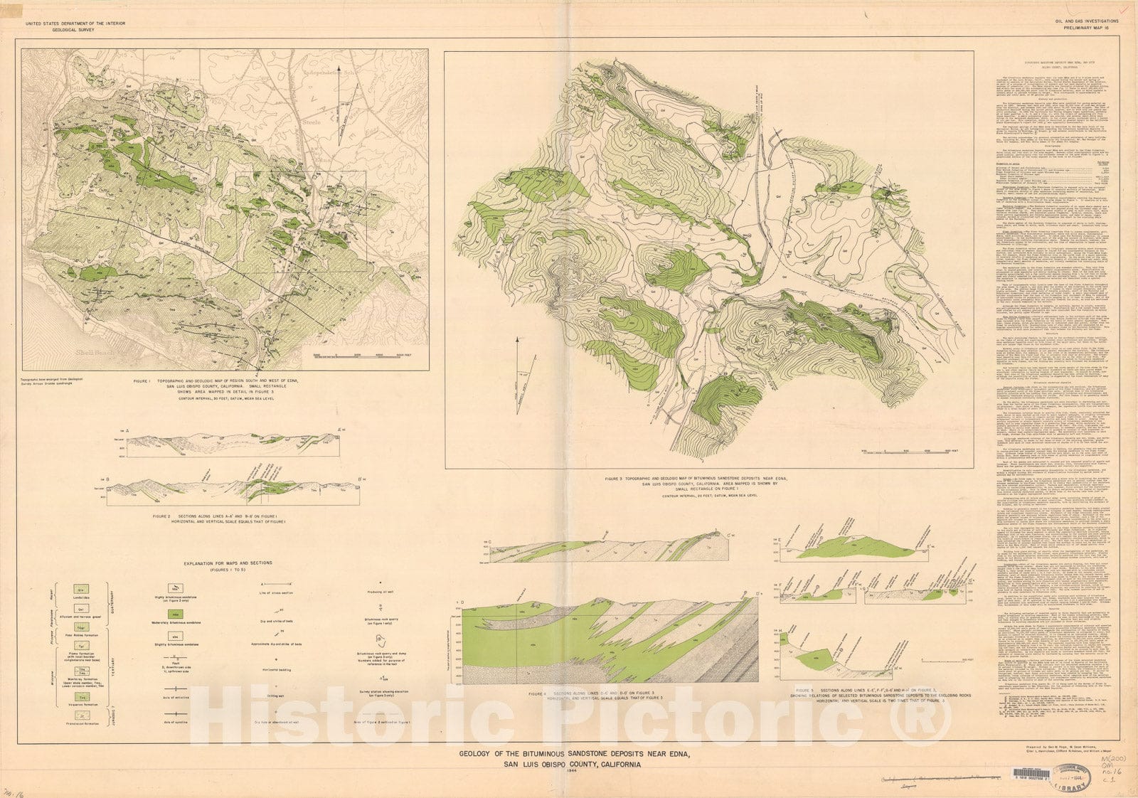 Map : Geology of the bituminous sandstone deposits near Edna, San Luis County, California, 1944 Cartography Wall Art :