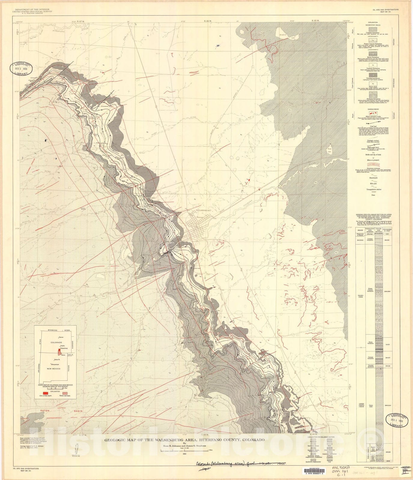 Map : Geologic map of the Walsenburg area, Huerfano County, Colorado, 1955 Cartography Wall Art :