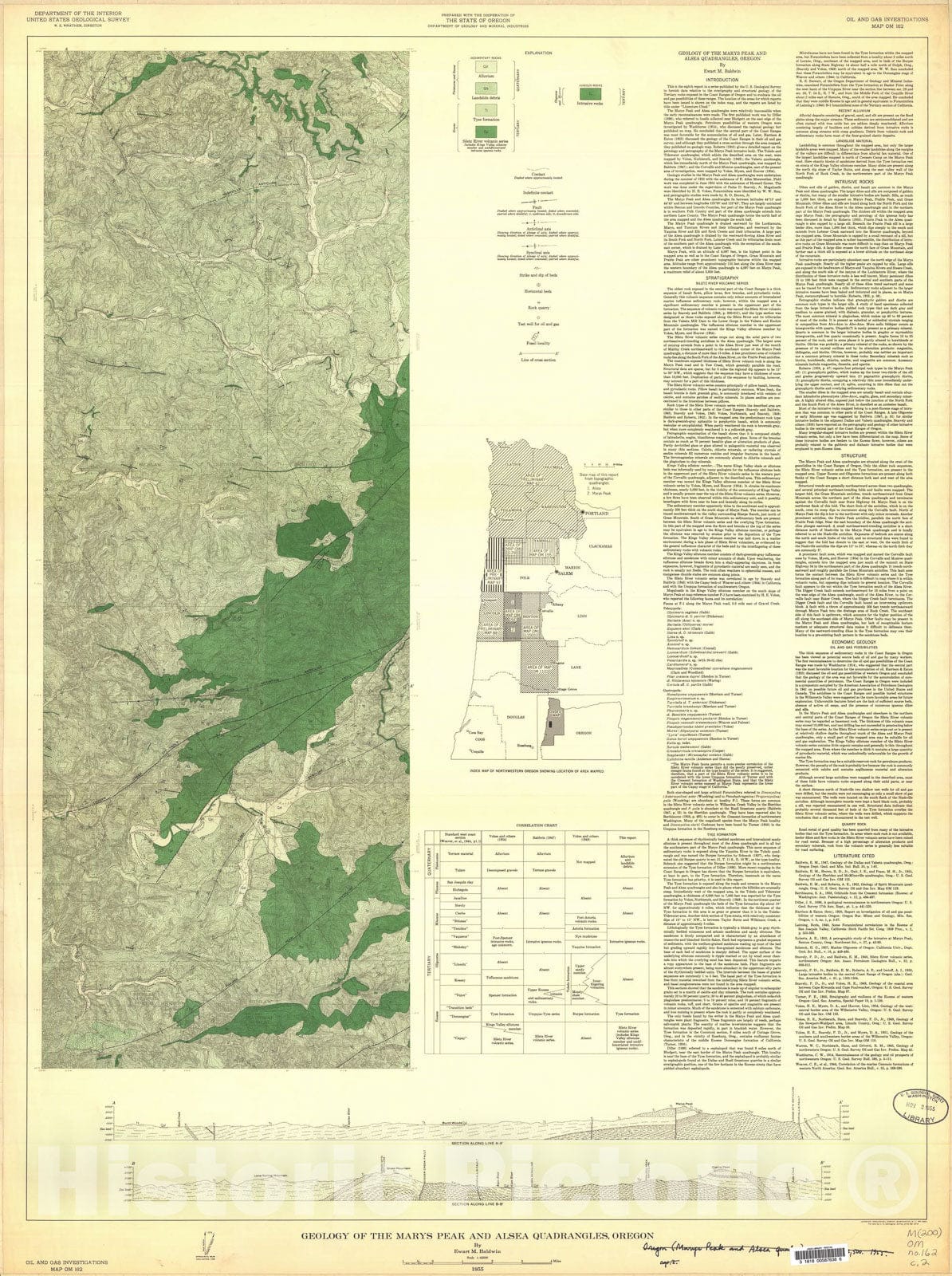 Map : Geology of the Mary's Peak and Alsea quadrangles, Oregon, 1955 Cartography Wall Art :