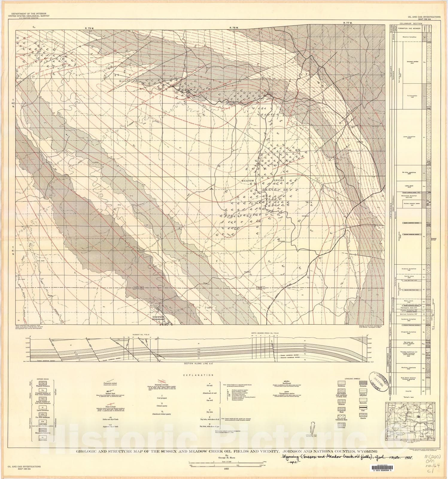 Map : Geologic and structure map of the Sussex and Meadow Creek oil fields and vicinity, Johnson and Natrona Counties, Wyoming, 1955 Cartography Wall Art :