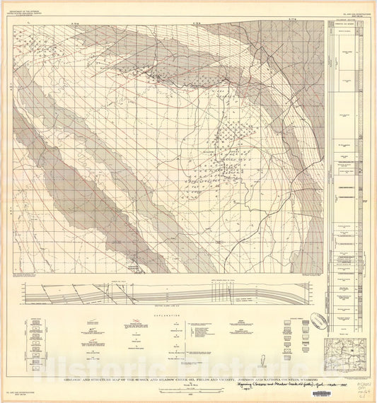Map : Geologic and structure map of the Sussex and Meadow Creek oil fields and vicinity, Johnson and Natrona Counties, Wyoming, 1955 Cartography Wall Art :
