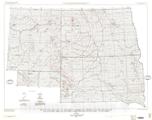 Map : Structure contour map of the base of Mississippi rocks in the Williston basin and adjoining areas of Montana, North Dakota, South Dakota, and Wyoming, 1954 Cartography Wall Art :