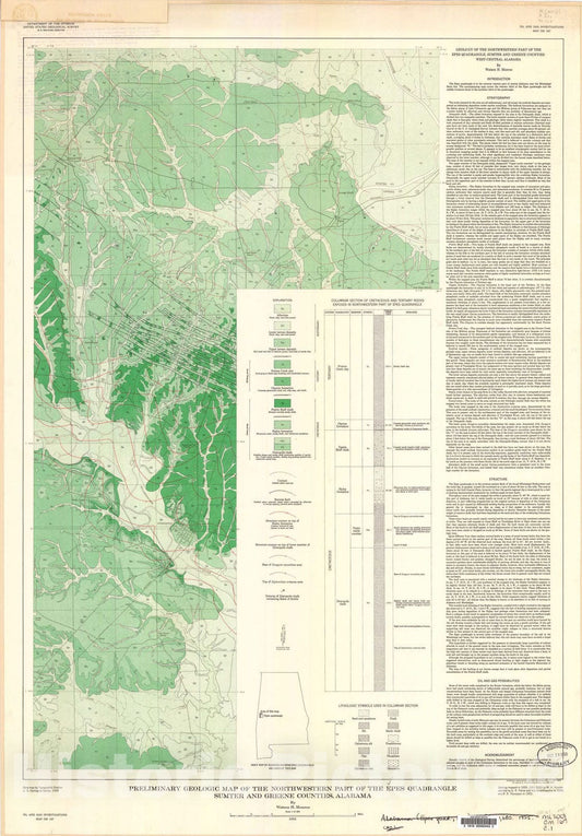 Map : Preliminary geologic map of the northwestern part of the Epes quadrangle, Sumter and Greene Counties, Alabama, 1955 Cartography Wall Art :