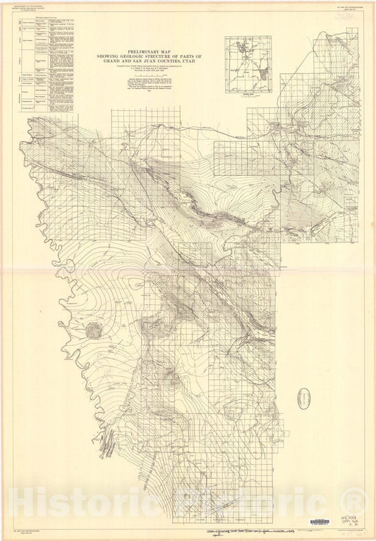 Map : Preliminary map showing geologic structure of parts of Grand and San Juan Counties, Utah, 1954 Cartography Wall Art :