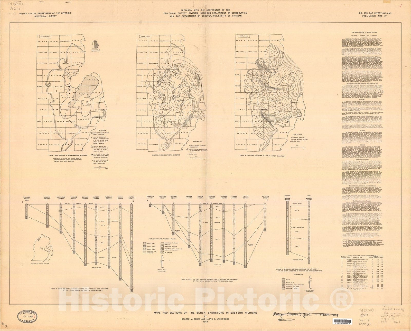 Map : Maps and sections of the Berea sandstone in eastern Michigan, 1944 Cartography Wall Art :