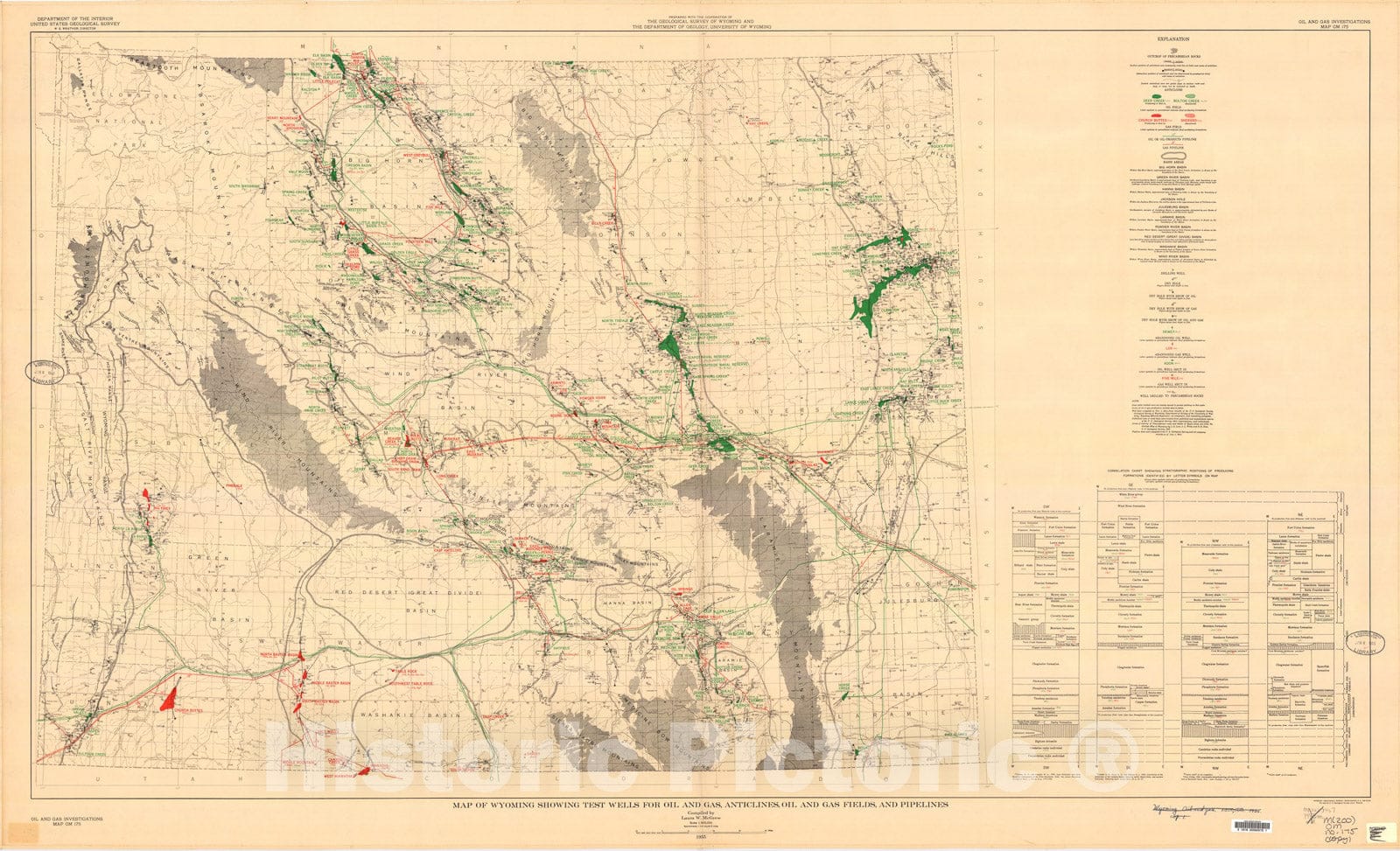 Map : Map of Wyoming showing test wells for oil and gas, anticlines, oil and gas fields, and pipelines, 1955 Cartography Wall Art :