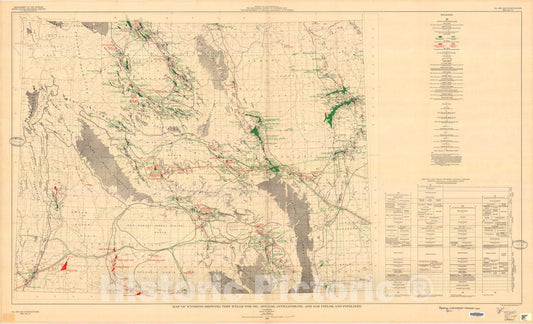 Map : Map of Wyoming showing test wells for oil and gas, anticlines, oil and gas fields, and pipelines, 1955 Cartography Wall Art :