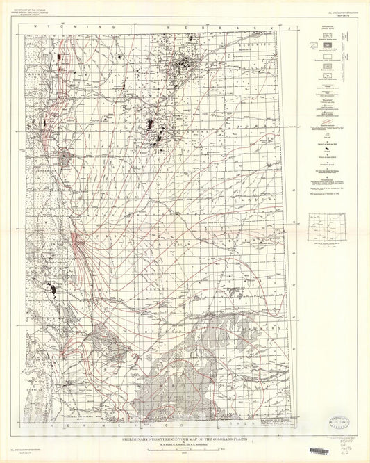 Map : Preliminary structure contour map of the Colorado Plains, 1955 Cartography Wall Art :
