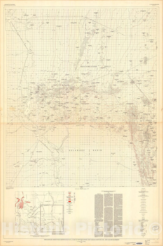 Map : Preliminary structure contour map of a part of southeastern New Mexico showing oil and gas development, 1957 Cartography Wall Art :