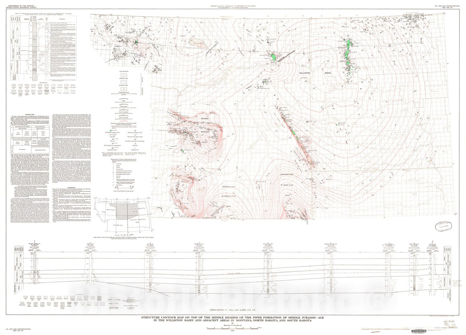 Map : Structure contour map on top of the middle member of the Piper formation of Middle Jurassic age in the Williston Basin and adjacen, 1959 Cartography Wall Art :