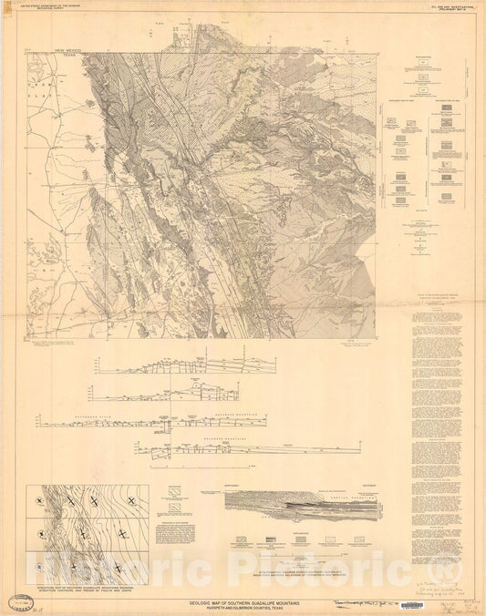 Map : Geologic map of the southern Guadalupe Mountains, Hudspeth and Culberson Counties, Texas, 1944 Cartography Wall Art :