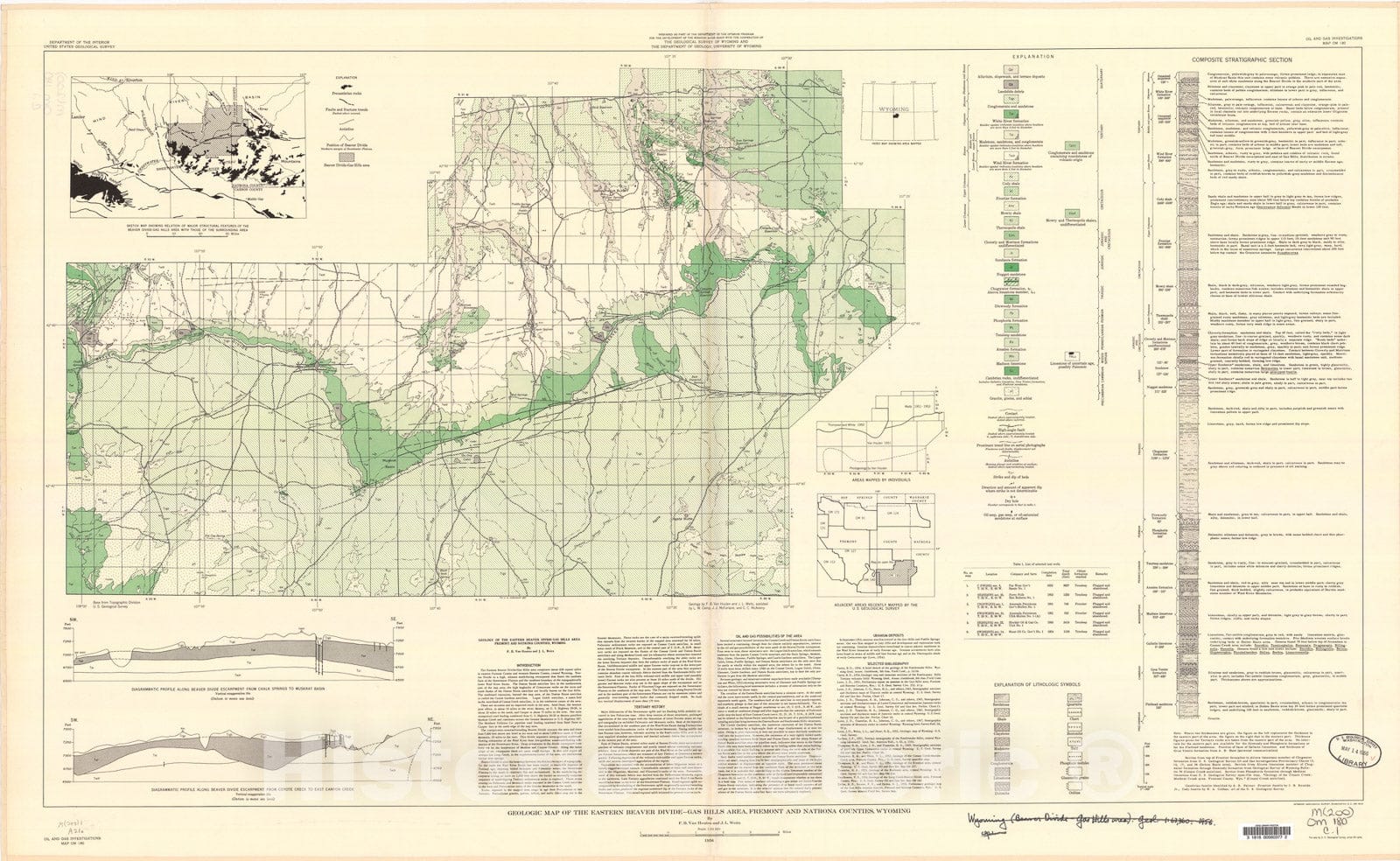 Map : Geologic map of the eastern Beaver Divide-Gas Hills area, Fremont and Natrona Counties, Wyoming, 1956 Cartography Wall Art :